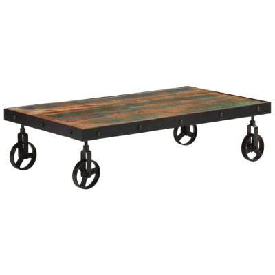Mesa de centro con ruedas madera maciza reciclada 100x55x26 cm