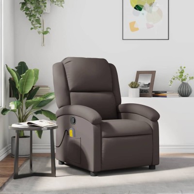 Sillón de masaje eléctrico cuero auténtico marrón oscuro