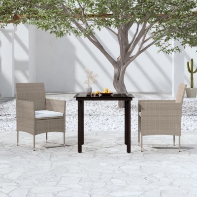 Juego de comedor de jardín 3 piezas con cojines beige y negro