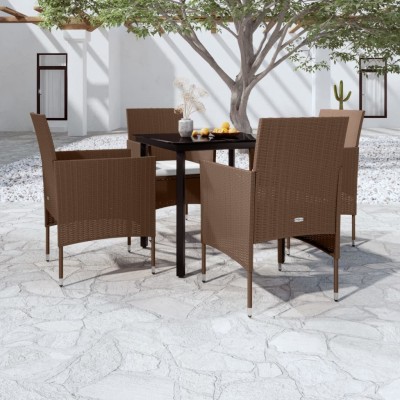 Juego de comedor de jardín 5 piezas con cojines marrón y negro