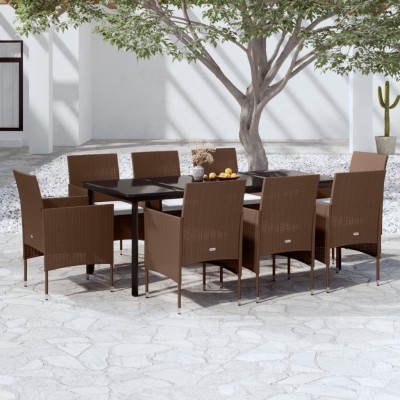 Juego de comedor para jardín 9 piezas y cojines marrón y negro