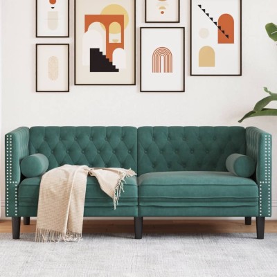 Sofá Chesterfield 2 plazas con cojines terciopelo verde oscuro