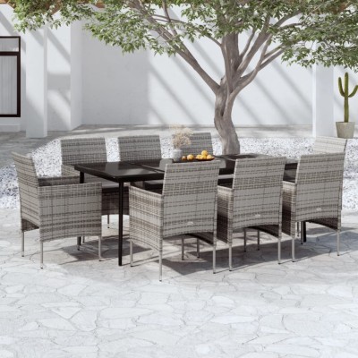Juego de comedor para jardín 9 piezas con cojines gris y negro