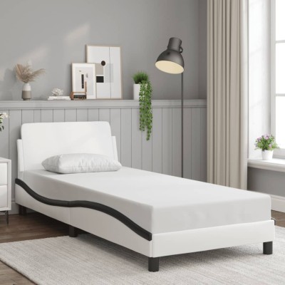 Cama sin colchón cuero sintético blanco negro 90x190 cm