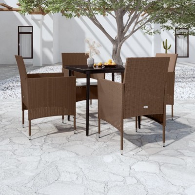Juego de comedor de jardín 5 piezas con cojines marrón y negro