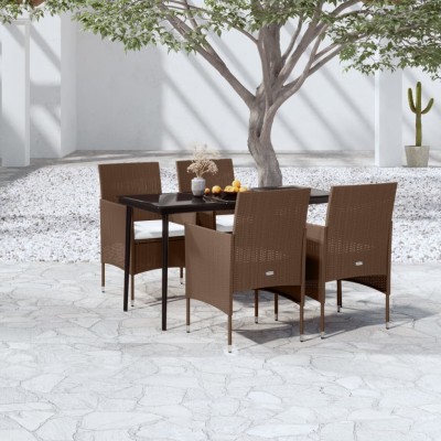 Juego de comedor de jardín 5 piezas con cojines marrón y negro