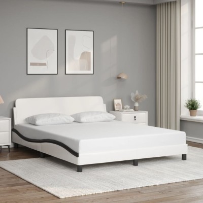 Cama sin colchón cuero sintético blanco negro 160x200 cm