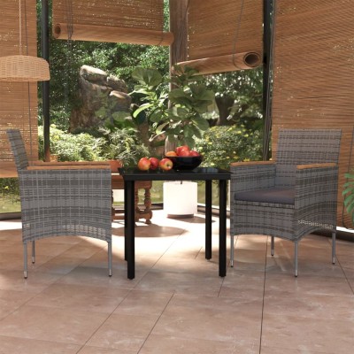 Juego de comedor de jardín 3 piezas con cojines gris y negro