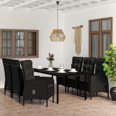 Juego de comedor de jardín 7 piezas con cojines negro