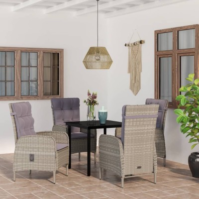 Juego de comedor para jardín 5 piezas con cojines gris y negro