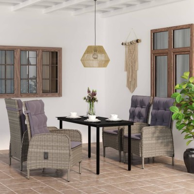Juego de comedor para jardín 5 piezas con cojines gris y negro