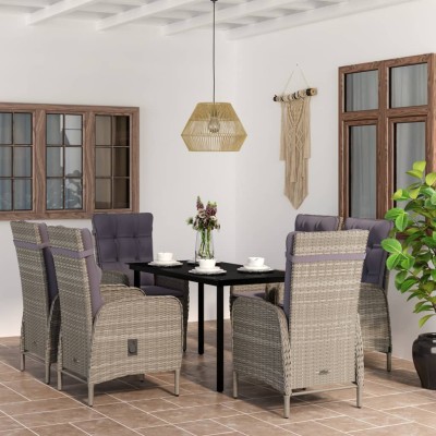 Juego de comedor de jardín 7 piezas con cojines gris y negro