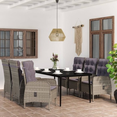 Juego de comedor de jardín 7 piezas con cojines gris y negro