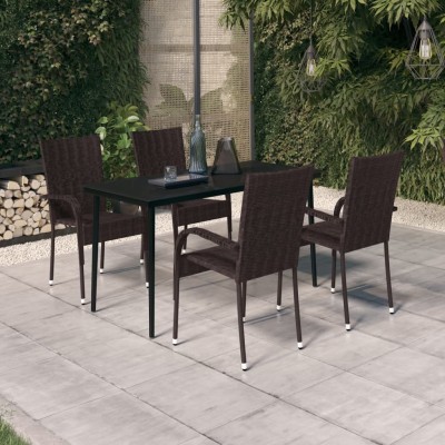 Juego de comedor de jardín 5 piezas con cojines marrón y negro