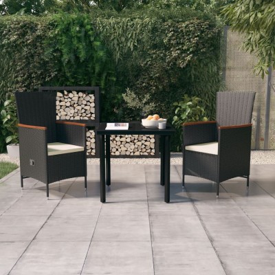 Juego de comedor de jardín 3 piezas con cojines negro