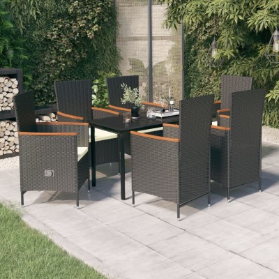 Juego de comedor de jardín 7 piezas con cojines negro