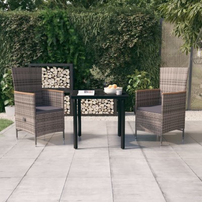 Juego de comedor de jardín 3 piezas con cojines gris