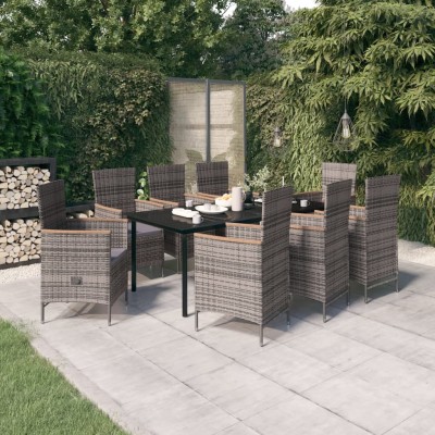 Juego de comedor de jardín 9 pzas con cojines gris