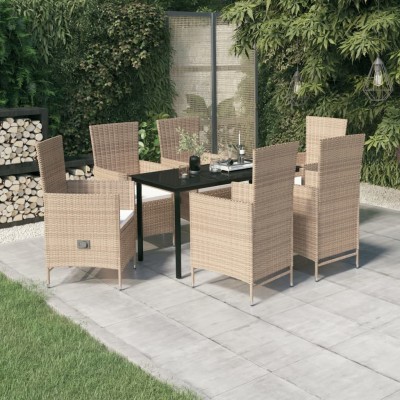Juego de comedor de jardín 7 piezas con cojines beige