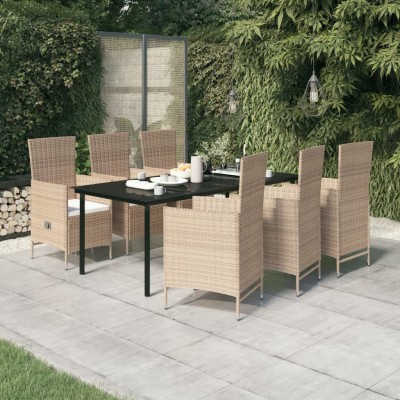 Juego de comedor de jardín 7 piezas con cojines beige