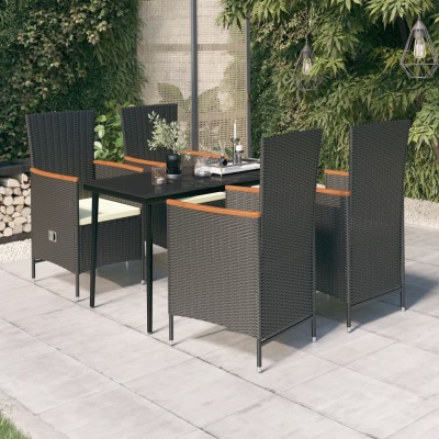 Juego de comedor de jardín 5 piezas con cojines negro