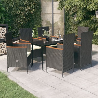 Juego de comedor de jardín 7 piezas con cojines negro