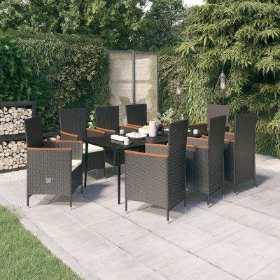 Juego de comedor de jardín 9 piezas con cojines negro