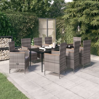 Juego de comedor de jardín 9 pzas con cojines gris