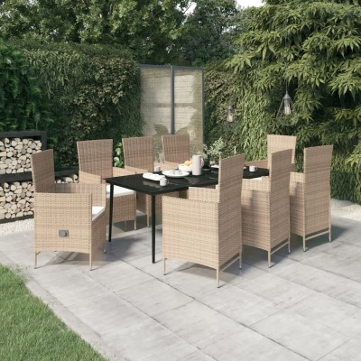 Juego de comedor de jardín 9 piezas con cojines beige