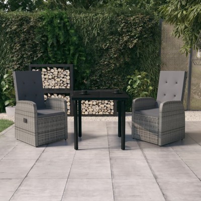 Juego de comedor de jardín 3 piezas con cojines gris
