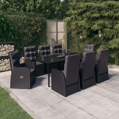 Juego de comedor de jardín 9 piezas con cojines negro