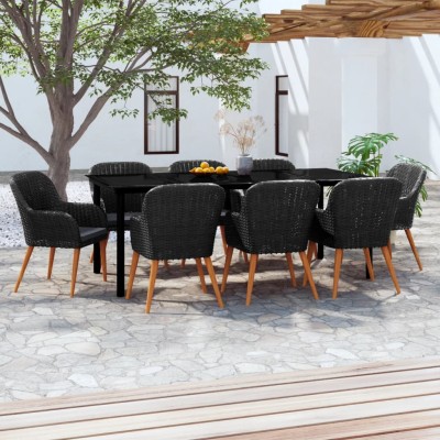 Juego de comedor de jardín 9 piezas con cojines negro