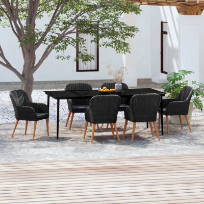 Juego de comedor de jardín 7 piezas con cojines negro