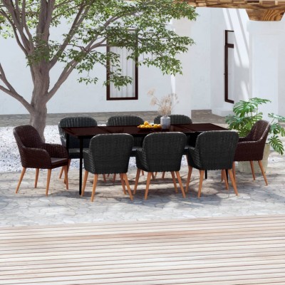 Juego de comedor de jardín 9 piezas con cojines negro