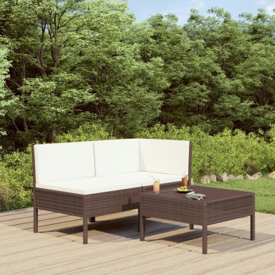 Set muebles de jardín 3 pzas y cojines ratán sintético marrón