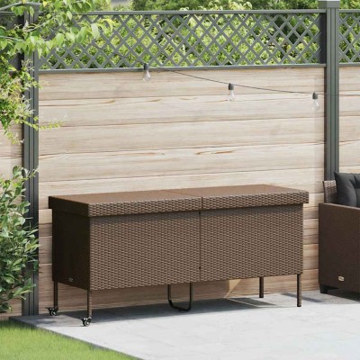 Caja de almacenaje jardín ruedas ratán PE marrón 160x55x75 cm