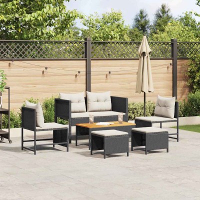 Conjunto de sofá de jardín 6 pcs Negro y crema ratán sintético
