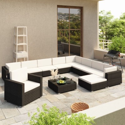 Set muebles de jardín 12 pzas y cojines ratán sintético negro