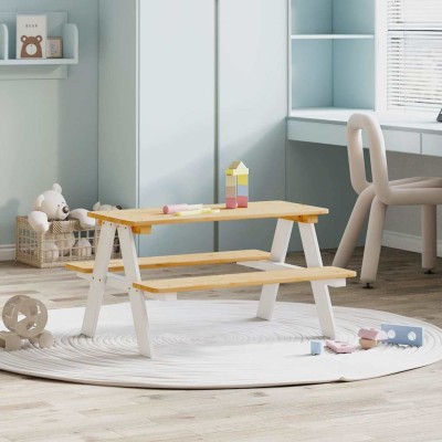 Mesa infantil con bancos IRUN madera maciza blanca 90x79,5x50cm