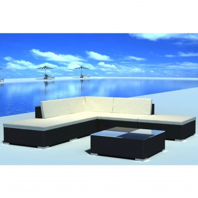 Set muebles de jardín y cojines 6 piezas ratán sintético negro