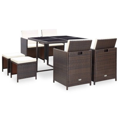 Set comedor de jardín 9 piezas y cojines ratán sintético marrón