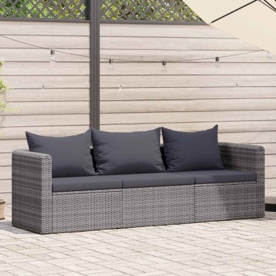 Set de sofás de jardín 3 piezas y cojines ratán sintético gris