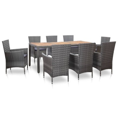 Set de comedor de jardín 9 pzas y cojines ratán sintético gris