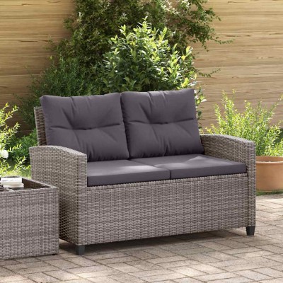 Sofá de jardín 2 plazas y cojines ratán sintético gris 124 cm
