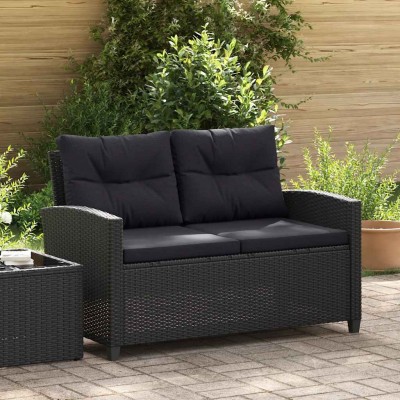 Sofá de jardín 2 plazas y cojines ratán sintético negro 124 cm