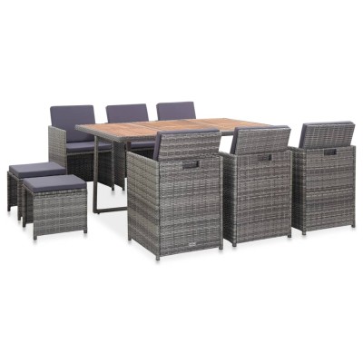 Set de comedor de jardín 11 pzas ratán sintético y madera gris
