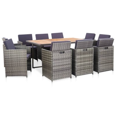 Set de comedor de jardín 11 pzas y cojines ratán sintético gris