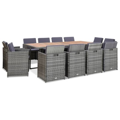 Set comedor de jardín 13 piezas y cojines ratán sintético gris