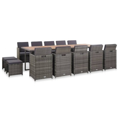 Set comedor de jardín 15 piezas y cojines ratán sintético gris