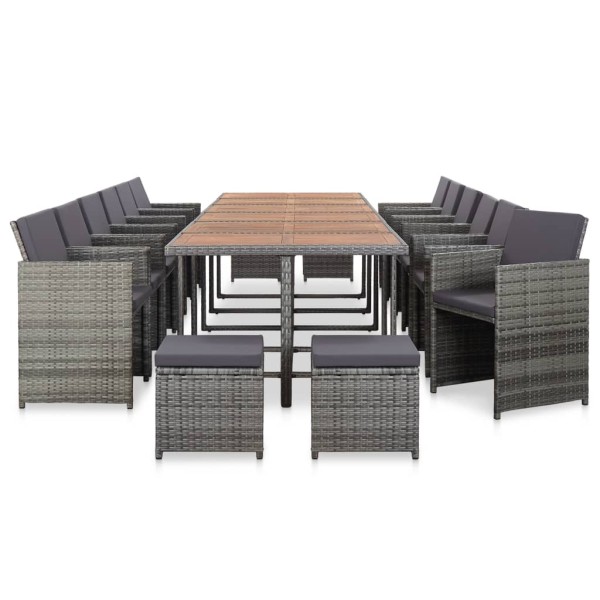 Set de comedor de jardín 17 pzas y cojines ratán sintético gris